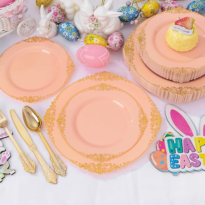 125PCS Peachy Pink Plastic Plates - Elegant Pink and Gold Dinnerware Set - Heavy Duty Disposable Plates with Gold Silverware Sets for 25 Guests for Wedding & Party & Bridal Shower