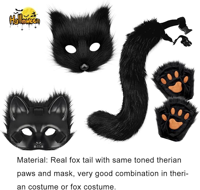 Fox Mask Wolf Fox Tail Cat Cosplay Set: Furry Mask + Paw Gloves + Tail, Ideal for Halloween & Themed Parties