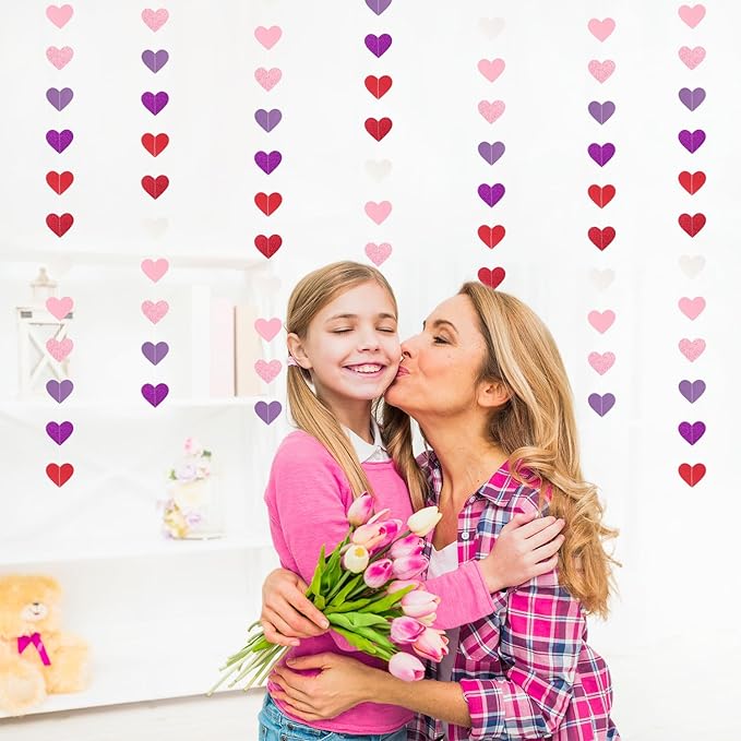 Hot-Pink Purple-Red Party-Decorations Heart-Garland - 62ft Women Girl Hanging Streamers Banner, Mothers Day Birthday Bachelorette Engagement Bridal Baby Shower Backdrop Decor Supplies Burgleda