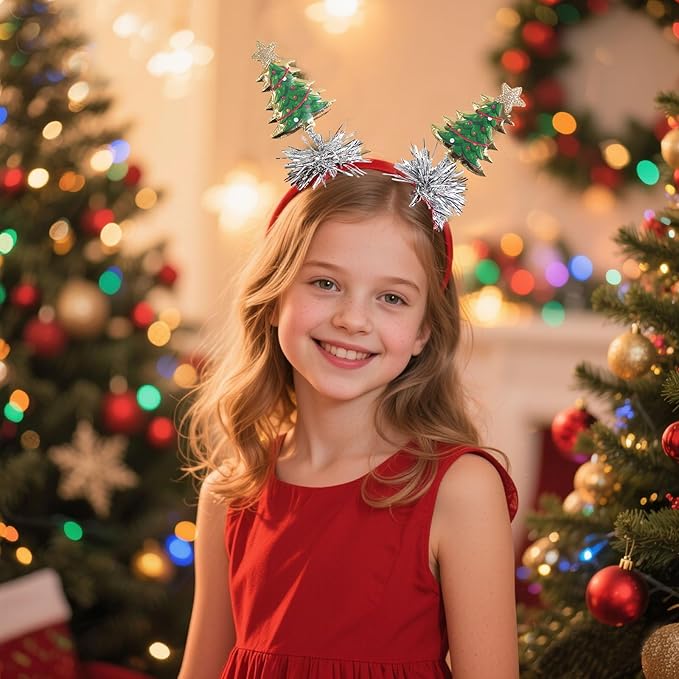 Christmas Headband for Women, Fashion Green Christmas Tree Headband with Gold Edge & Silver Tassels, Xmas Party Headpiece Festival Holiday Photo Prop Hair Accessories (1PC)