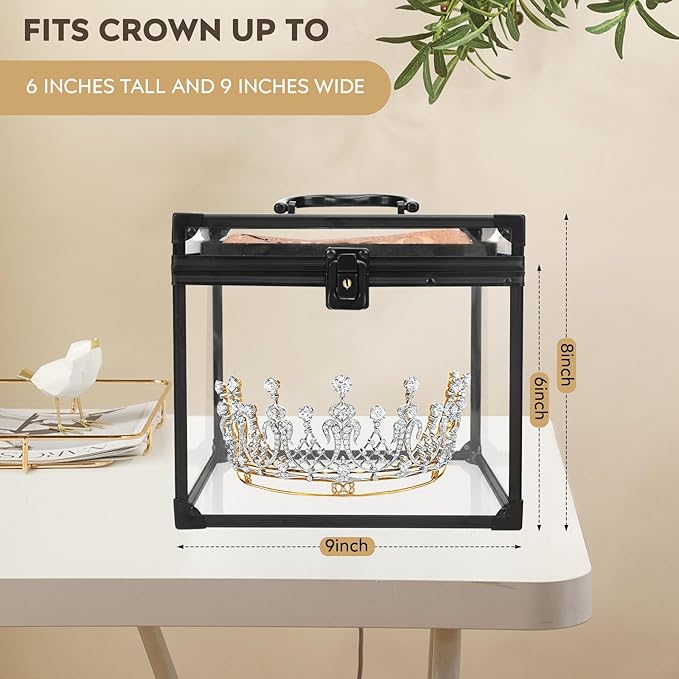 9inches Wide Pageant Crown Box Tiara Carrying Case Extra Large with Sash Holder Clear Acrylic Display Case,Toiletry and Cosmetic Organizer (Black, 230 * 230 * 200mm)