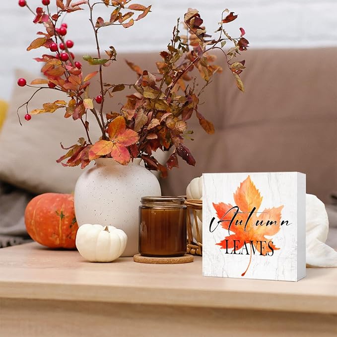 Funny Autumn Maple Leaves Wood Box Sign Autumn Leaves Wooden Block Desk Decor for Home Office Kitchen Cubicle Table Shelf Tabletop,Farmhouse Fall Sign Decor