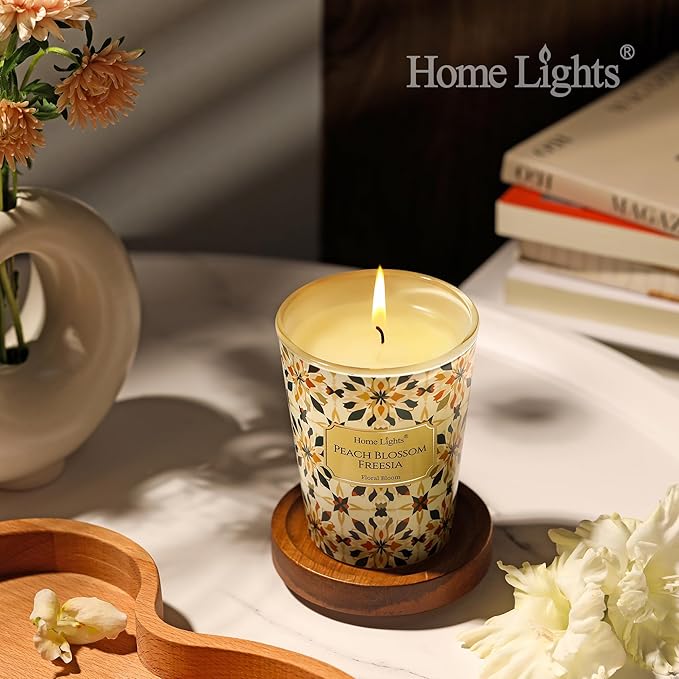 HomeLights Scented Candles for Women & Men, 6.7oz Candle Jars Aromatherapy Single Wick Candle, Ideal for Bohemian Natural Textures Home Decor and Gifts, Peach Blossom Freesia