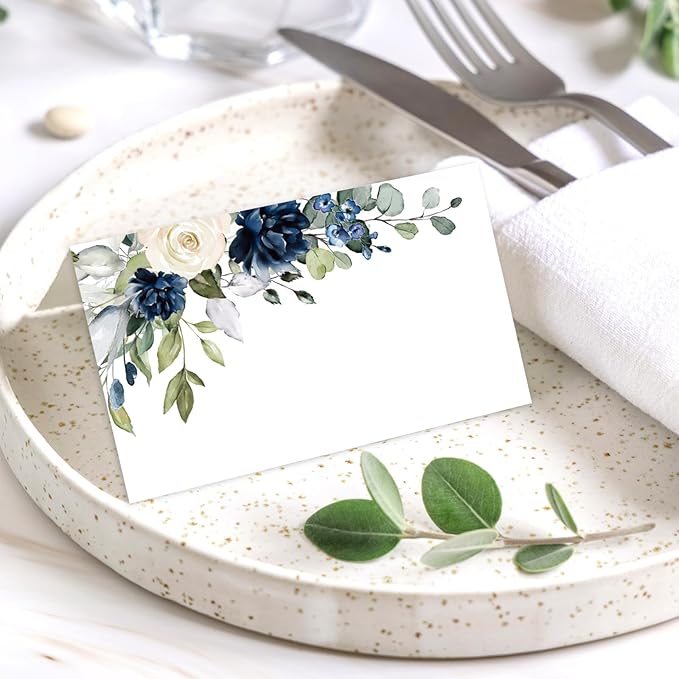 Whaline 100Pcs Floral Place Cards 2 x 3.5 Inch Watercolor Blue White Flower with Leaves Tented Seating Cards for Wedding Bridal Shower Party Table Setting