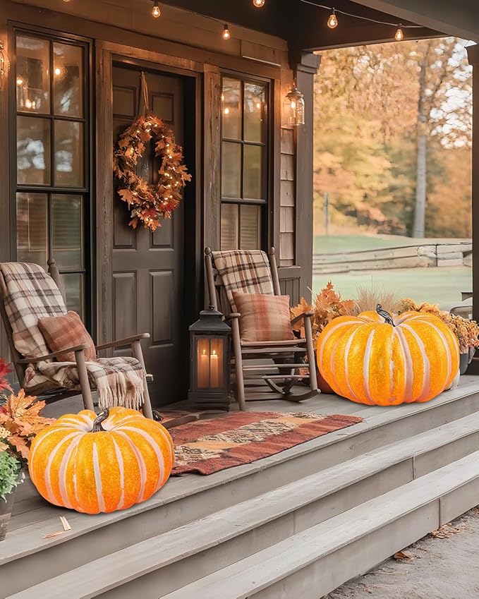 DuHouse Large 18.5”Artificial Pumpkin Decoration Fall Harvest Decor for Halloween, Thanksgiving, Porch, Indoor Outdoor Display(Flat Pumpkin)