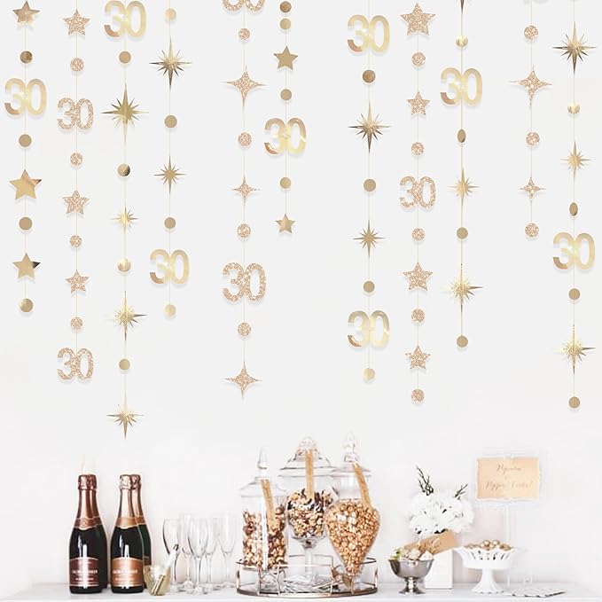 Champagne Gold 30th Birthday Decorations Number 30 Circle Dot Twinkle Star Garland Streamer Banner Backdrop for Womens Cheers to 30 Years Old Dirty Thirty Happy 30th Anniversary Party Supplies