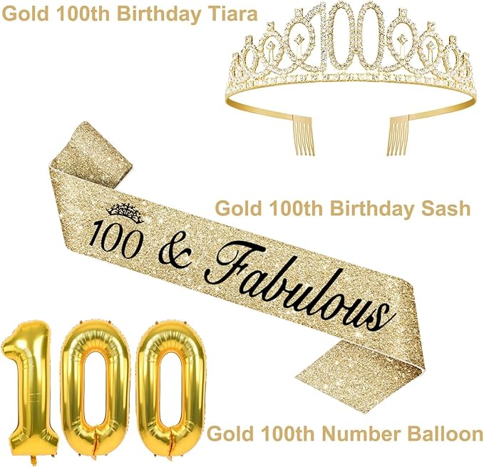 100th Birthday Decorations Women Gold with Crown and Sash, Candles and Cake Topper, Number Balloons, Happy 100th Birthday Party Gifts Supplior