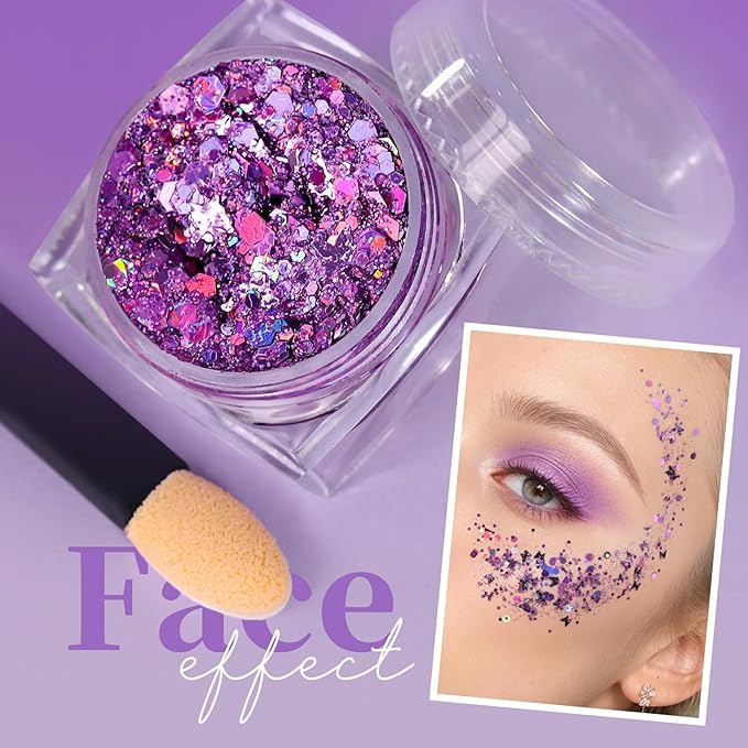 Teenitor Body Glitter Gel - Purple Face & Body Glitter Set, 6 Shapes, Hair Glitter Gel, Makeup Glitters for Face, Body, Hair