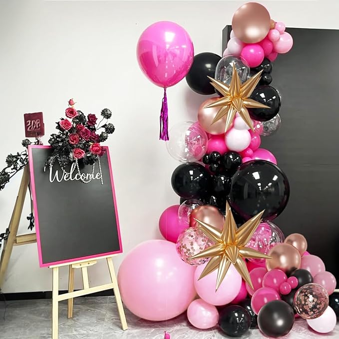 Hot Pink Black and White Balloon Garland Arch Kit, 156Pcs Black Pastel Pink White Rose Gold Balloons with Exploding Star for Birthday Mean Girls Boss Baby Barbie Minnie