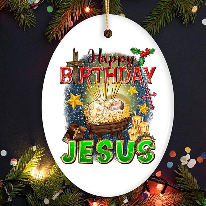 Happy Birthday Jesus Christmas Ornament, Nativity Religious Decor