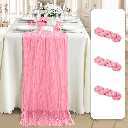 Cheesecloth Table Runner 3 Pack – 35x120 Inch (10ft) Boho Rustic Gauze Cloth Runners – Crinkle Polyester Table Decor for Wedding, Baby Shower, Bridal Shower, Birthday Party and More (Pink)