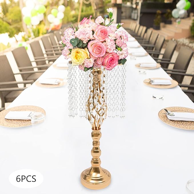 Wedding Centerpieces Gold Vases,6PCS Metal Flower Candle Holder with Sparkling Crystal Beads,Crystal Flower Vase Metal Flowers Stand for Party Tables Decorations (6PCS-Gold)