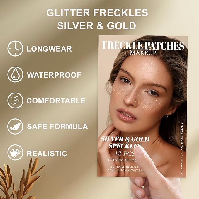12Pcs Glitter Freckles for Women, Long Lasting Waterproof Holographic Sparkle Temporary Face Tattoo Star Sticker Makeup Patches for Rave Musical Festival Accessories (SILVER & GOLD FRECKLES)