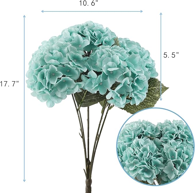 Kimura's Cabin Fake Flowers 2 Pcs Vintage Artificial Silk Hydrangea Flowers Bouquets 5 Heads for Home Table Centerpieces Wedding Party Decoration (Tiffany, Pack of 2)