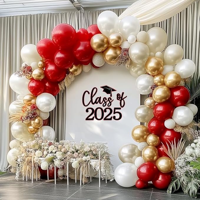 Red White Gold Balloon Garland Double Stuffed Burgundy Red White Sand Pearl Balloon Arch Kit Maroon Wine Balloons for Birthday Wedding Engagement Anniversary Christmas New Year Party Decorations