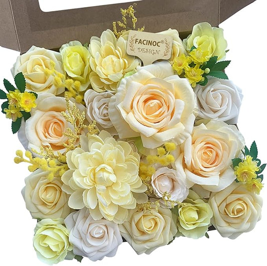 Roses Artificial Flowers Yellow Combo Box Set Fake Flower Bulk for DIY Bouquet Wedding Centerpieces for Table Bridal Baby Shower Party Decorations Silk Floral Arrangements Home Decor Indoor
