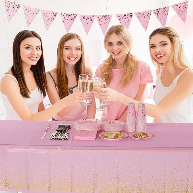 Pink and Gold Disposable Party Tablecloth for Rectangle Table, Gold Stamping Dot Confetti Rectangular Plastic Table Cover, for Bachelorette, Girl Birthday and Baby Shower, Wedding 108"x54" 2 Packs