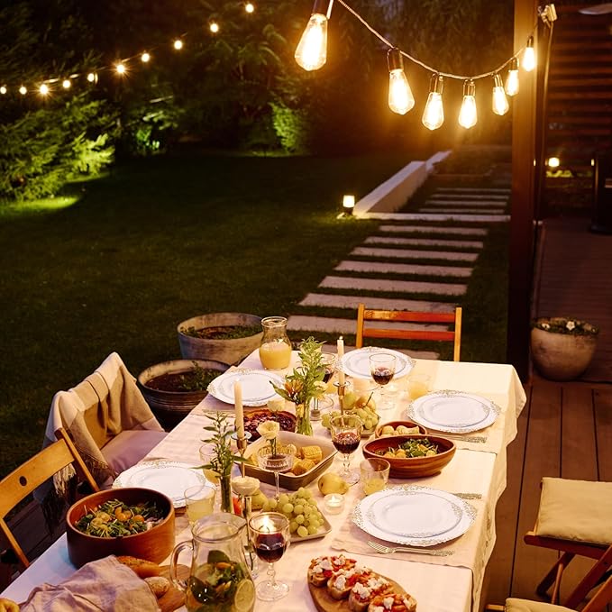 125PCS White and Gold Plastic Plates - Gold Disposable Plates with Plastic Silverware - Vintage Disposable Dinnerware Set for 25 Guests for Christmas Parties, Thanksgiving