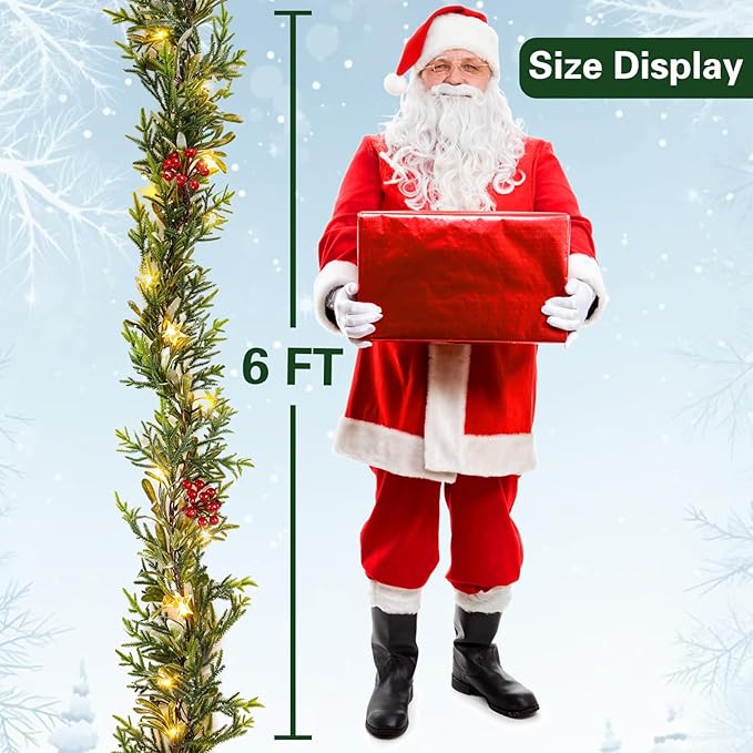 Pre-lit Christmas Garland with Lights, Battery Operated Garland with Star Berry Faux Spruce for Outdoor Indoor Mantle Holiday Decorations 6FT 20LED