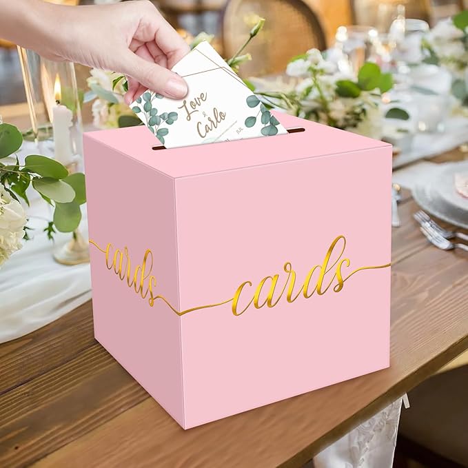 1 Pack Light Pink and Gold Foil Card Box for Party, 8.7" Pink Money Box for Birthday, Wedding, Baby Shower, Retirement, Anniversary, Bridal Shower, Raffle Ticket