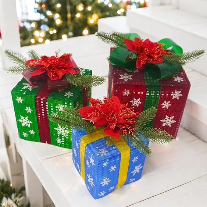 3 Pcs Christmas Lighted Gift Boxes with Bow 60 LED Battery Operated Pre-lit Present Box Decorations for Xmas Holiday Home Outdoor Yard