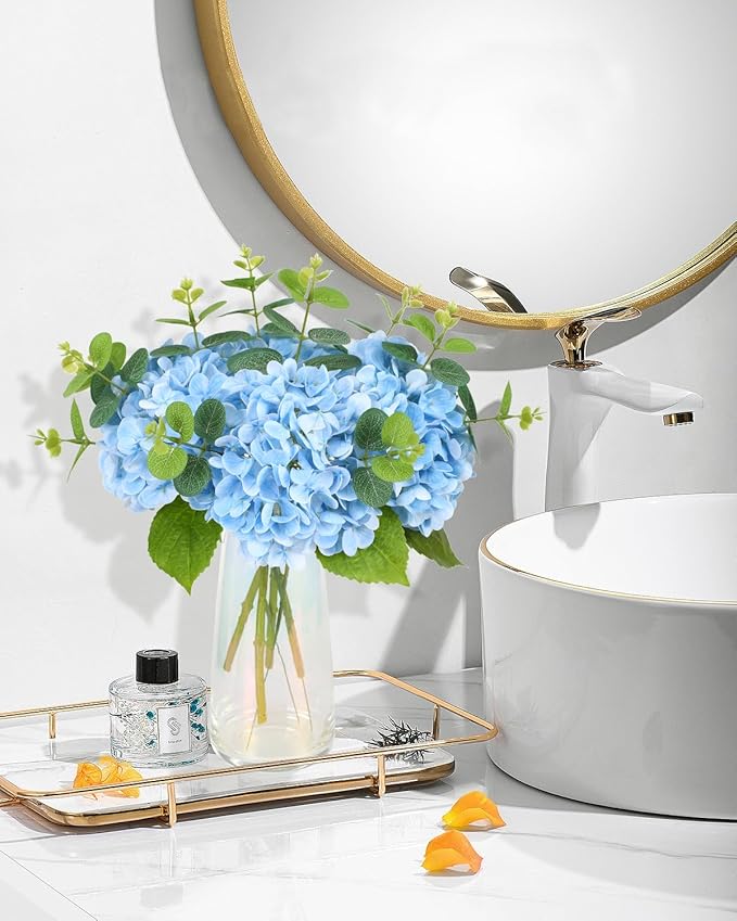 Tifuly 4pcs Fake Hydrangea with Vase - Real Touch Faux Hydrangea Flowers and 3pcs Eucalyptus Stems for Wedding Centerpiece Home Party Table Decoration（Blue）