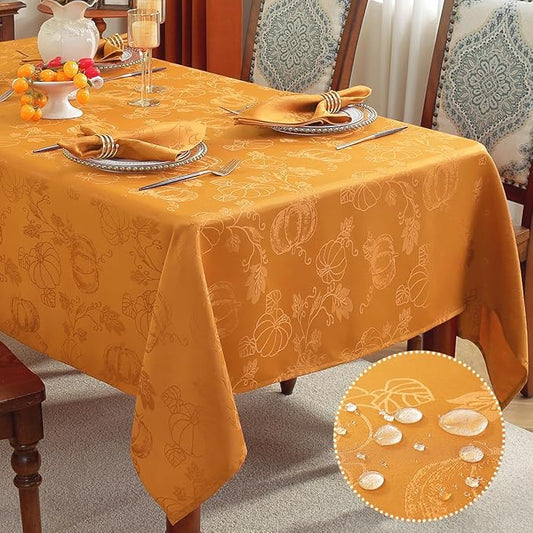 SASTYBALE Thanksgiving Tablecloths for Square Tables, Jacquard Fall Table Cloth with Pumpkins and Vines, Stain Resistant Table Cover for Harvest, Dining, Party Decor (Square, 52" x 52", Amber)