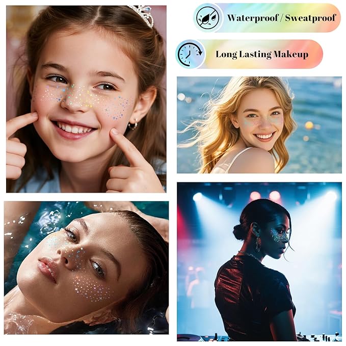 24pcs Glitter Freckles Face Tattoo - Holographic Face Sparkle Freckles Temporary Tattoos for Women Girls, Multicolor Freckles Makeup Patches for Party, Concerts, Daily Accessories