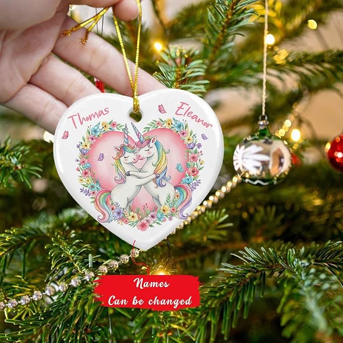 Unicorn Lovers Ornament Christmas 2025, Personalized Names Unicorn Couple Flowers Keepsake Xmas, Valentine Engaged Ornament Gifts for Men Women, Custom Couple Unicorns Together Ceramic Ornaments