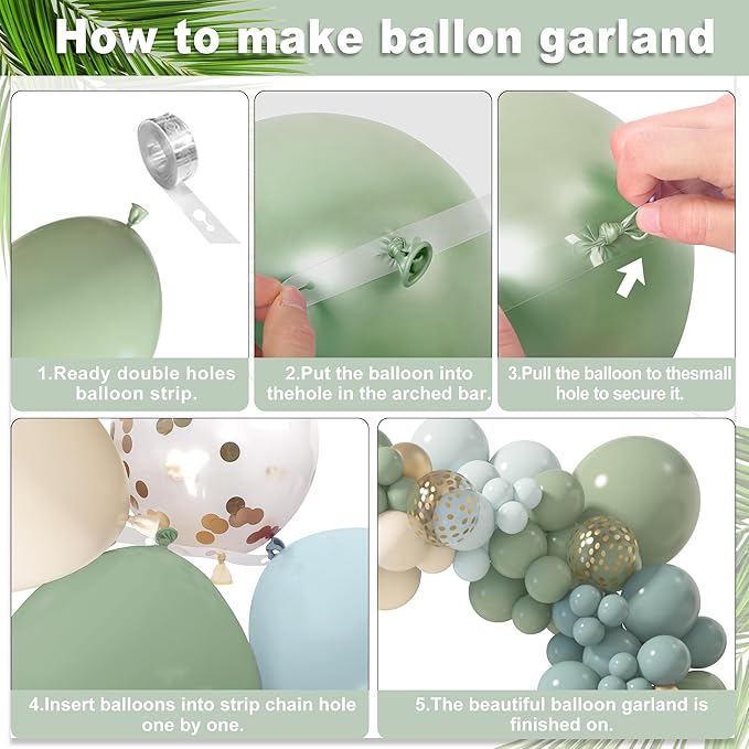 Amandir 173Pcs Dusty Blue Green Balloon Garland Arch Kit, Haze Fog Blue Ash Mist Sage Green Sand White Gold Confetti Balloons for Baby Shower Wedding Bridal Boho Birthday Party Backdrop Decorations