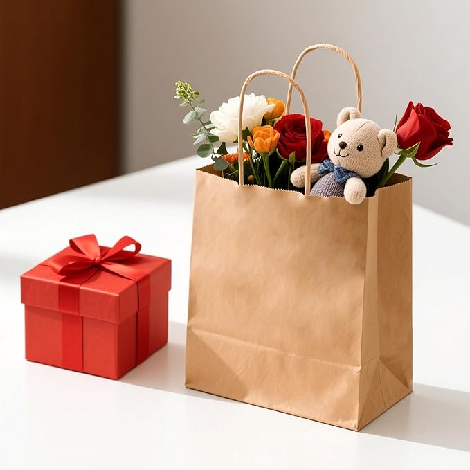 METAPRINT Brown Paper Gift Bags with Handles in Bulk, 100pcs Kraft Paper Bags 8x4.5x10.8 inch, Recyclable Shopping Bags for Retail, Grocery, Party Favors, Wedding