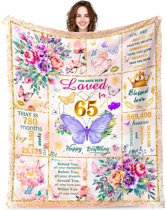 65th Birthday Gifts for Women Blanket, Unique Fun Purple Butterfly Flower Throw Blanket Gift for 65 Birthday, 65 Year Old Birthday Gifts for Women, Super Soft Cozy Warm Plush Flannel Blankets 60"X50"