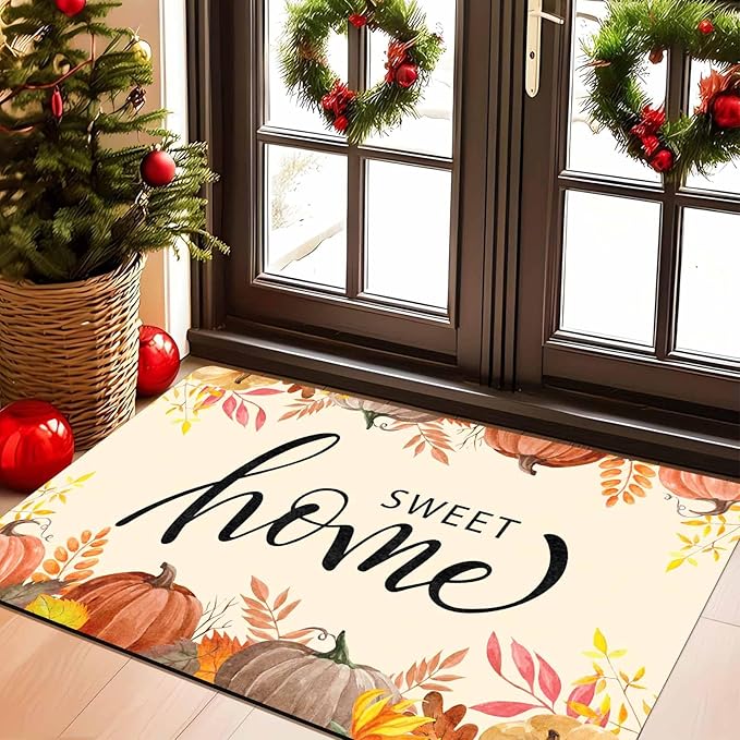 Fall Welcome Maple Leafs Decorative Door Mat, Autumn Thanksgiving Doormat for Indoor Outdoor Entrance Floor Mats,Fall Pumpkins Non Slip Harvest Vintage Decor Rubber Welcome Mats 30" x 18" Inch