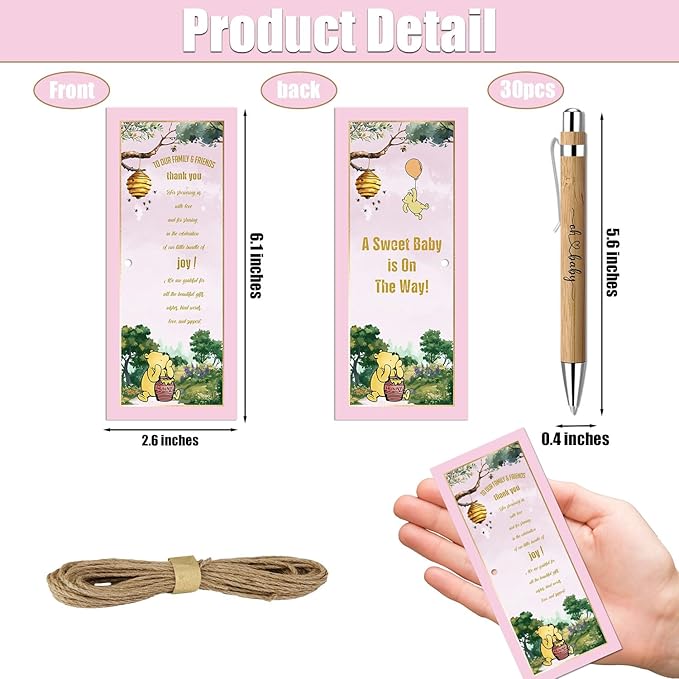 Toerifer Winnie Baby Shower Set: 30 Pcs, Bamboo Pens, Greeting Cards, Gender Reveal Souvenirs, Decor