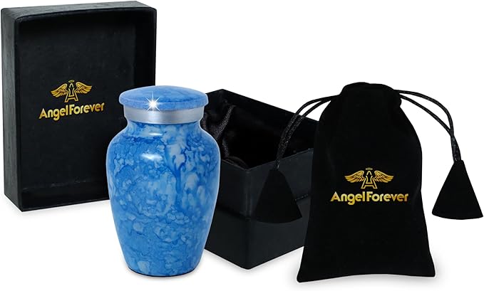 Small Keepsake Urn for Human or Pet Ashes – Handcrafted Aero Blue Marble Mini Urn with Velvet Bag & Gift Box | Durable Metal Memorial Token Jar for Baby, Infant, Pet or Loved One – 3 Cu in