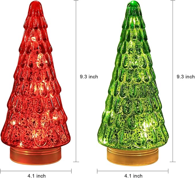 PHITRIC Christmas Decorations Indoor, 2 PCS Sparkling Glass Christmas Tree Table Centerpieces Decor with LED Lights and Timer, Xmas Tree Decorations for Home, Mantel, Shelf, Tabletop (Red & Green)