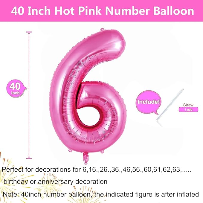 Pink Number Balloons, Large Hot pink Number 6 Balloon 40 Inch Pink 6 Balloon for Men Women Boys Girls 6th Birthday Party Decoration