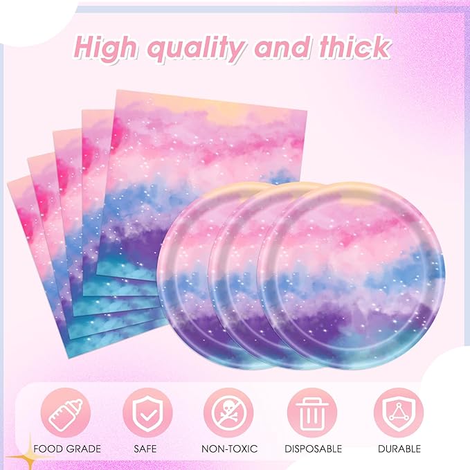 41Pcs Outer Space Galaxy Party Decorations Tie Dye Starry Sky Theme Tableware Psychedelic Mysterious Nebula Plate,Napkin,Tablecloth丨Starry Night Sky Universe Birthday Baby Shower Decor| Serves 20