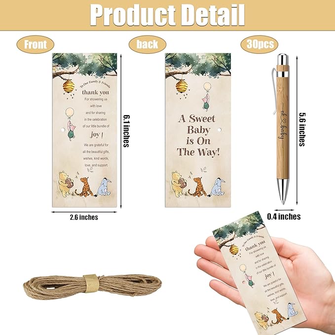 30 Pieces Baby Shower Gifts for Guests, Winnie Baby Shower Sets, Included Bamboo Pens Greeting Cards, Gender Reveal Souvenirs Prizes, Winnie Baby Shower Decor