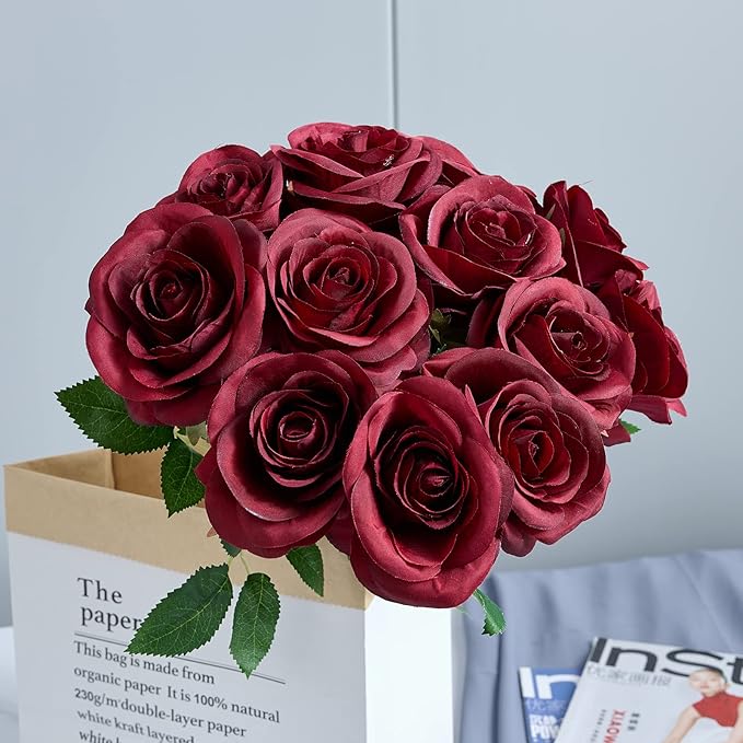 12pcs Roses Artificial Flowers Fake Roses Burgundy Silk Roses Wine Red Silk Flowers Rose with Long Stems for Wedding Home Party Centerpieces Decorations