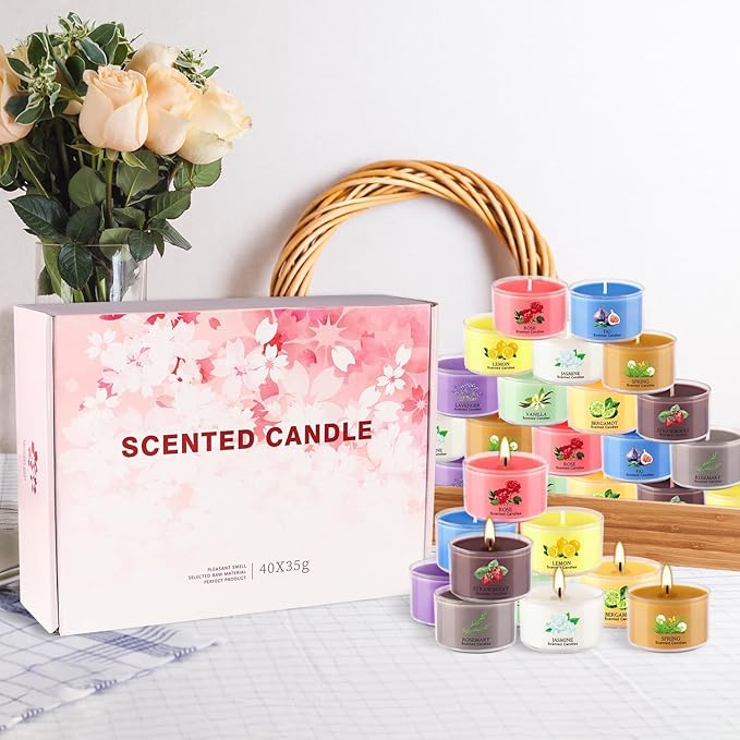 40 Pack Scented Candle Set, 10 Fragrances, 35g Natural Soy Wax Candles with Smokeless Cotton Wicks, Ideal for Home Decor, Yoga, Meditation, Spa & Gifting.Mother's Day，Christmas，Aromatherapy