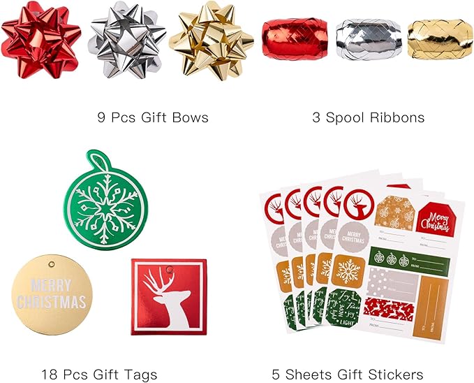 WRAPAHOLIC Christmas Wrapping Paper Set - Red Green Gold and Silver Snowflakes Trees with Metallic Foil Shine Wrapping Paper Bundle with Gift Bow & Ribbon & Tag & Sticker