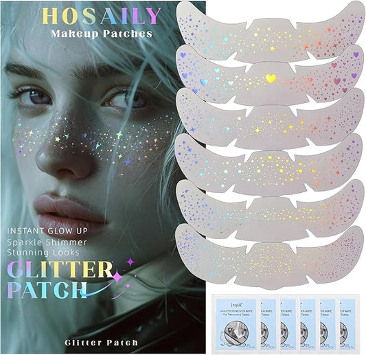 6 pcs Holographic Glitter Freckles Face Tattoo, Waterproof Sparkle Body Glitter Speckles Patches for Women, Cute Star Glitter Stickers Temporary Tattoo Makeup Accessories for Festival Rave