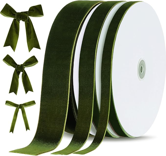 Yilloog 3/8'' 1'' 2'' 90 Yards Christmas Velvet Ribbon Vintage Satin Fabric Velvet Ribbon Roll for Christmas Tree Ornaments Decoration Gift Wrapping Bow DIY Crafts (Olive Green)