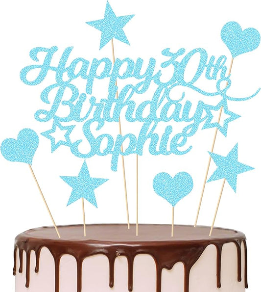 Personalized Happy Birthday Cake Topper Customized with Any Age Name Party Cake Decoration 16 18 21 40 60 Double Sided Glitter Card Baby Blue