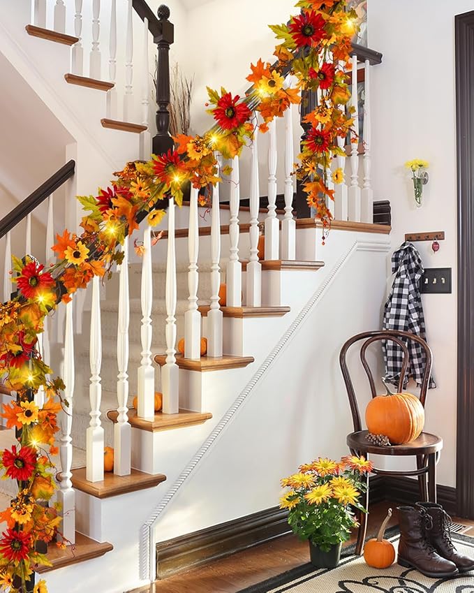 Uieke 6FT Fall Garland with Lights, Fall Maple Leaf Garland with Sunflowers Berries Fall Decor Garlands for Home Wedding Harvest Thanksgiving Mantle Fireplace Farmhouse Indoor Outdoor Decor