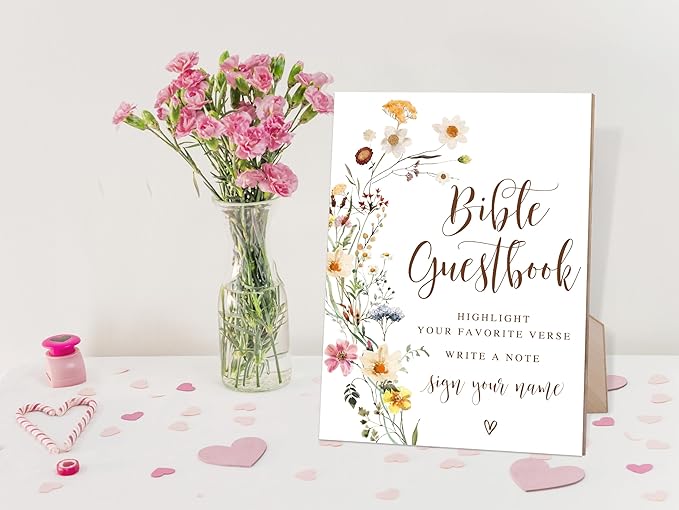 Flower Wedding Bible Guest Book Sign, Guest Book Alternative, Wedding Decorations for Reception, Bridal Shower Decor, Table Centerpieces for Party, 6X8 Inch Wooden Bridal Shower Signs with Stand, 22
