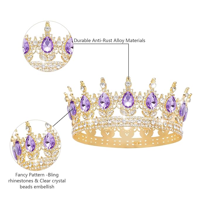 Queen Crown Rhinestone Wedding Crowns and Tiaras for Women Costume Party Hair Accessories Princess Birthday Crown Crystal Bridal Crown (Gold & Purple Crown)