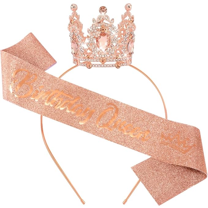 Birthday Queen Sash for Women Tiara & Crowns Headbands for Girls Happy Birthday Party Accessories Favor Supllies Leona Rose Gold Pink, 2 Pack