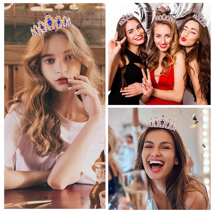 Birthday Crown Headband & Sash - Gold+Blue, Rhinestone Tiara for Women - Regal Style, Birthday Party Accessory